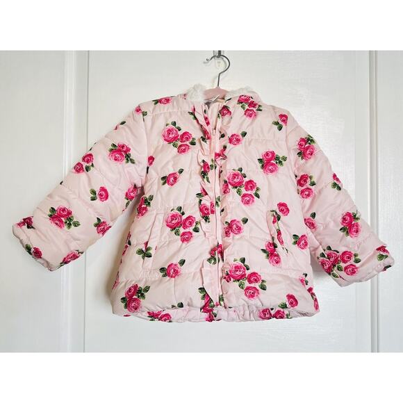 LITTLE ME Baby Toddler Girl Pink Roses Puffer Coat Jacket Hooded Fleece Warm 24m - Picture 2 of 8
